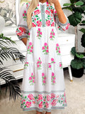 Floral Print Half Button Mandarin Neck 3/4 Sleeve Maxi Dress
