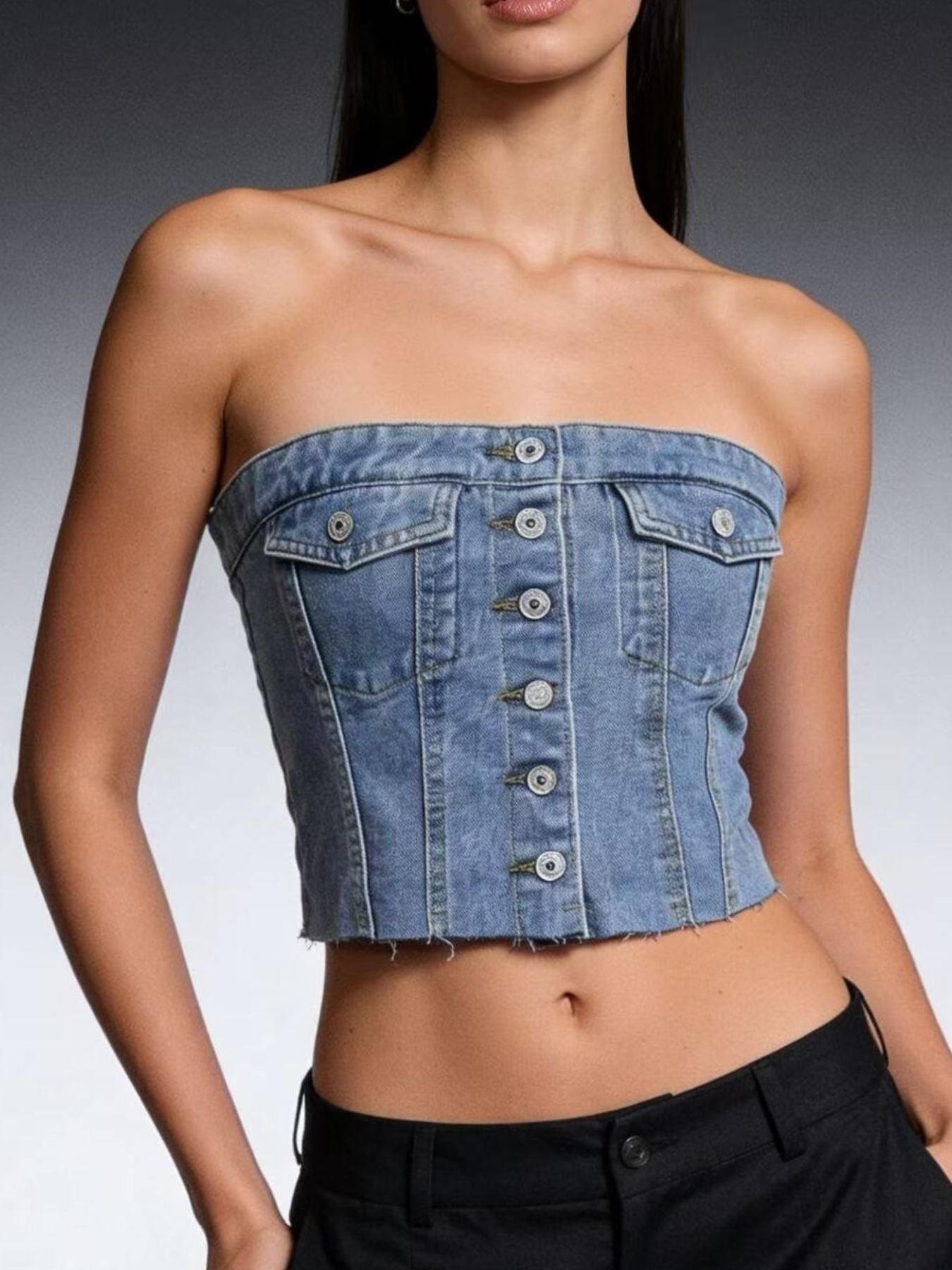 Button-Front Strapless Denim Top