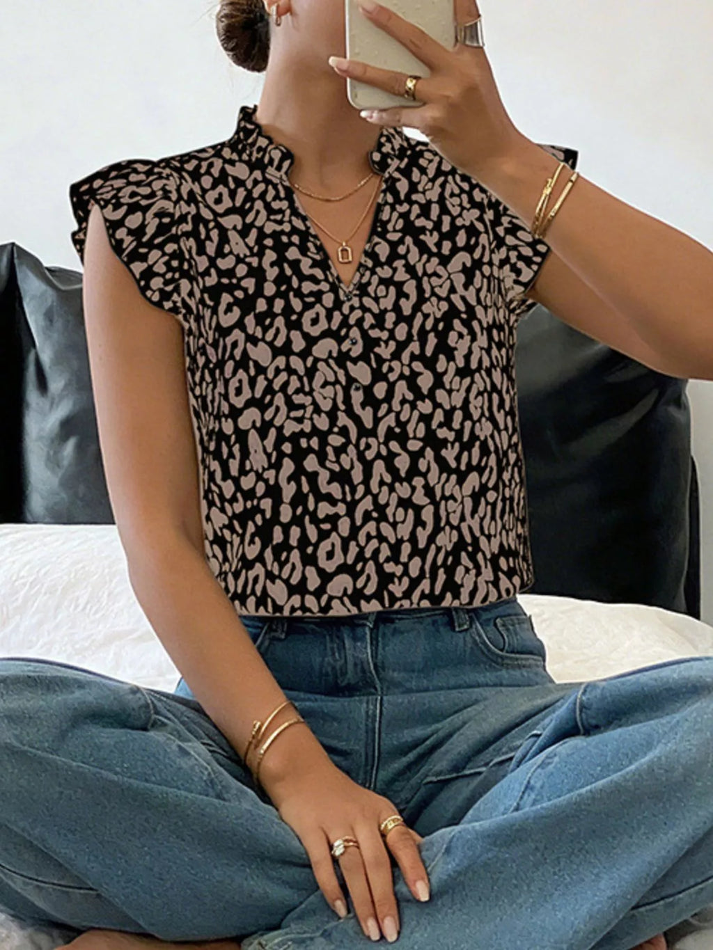 Leopard Print Ruffle Sleeve Blouse