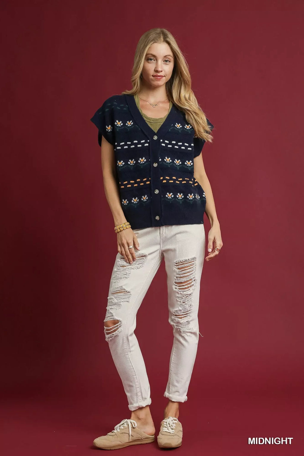 Umgee Button-Down Knit Vest with Floral Pattern