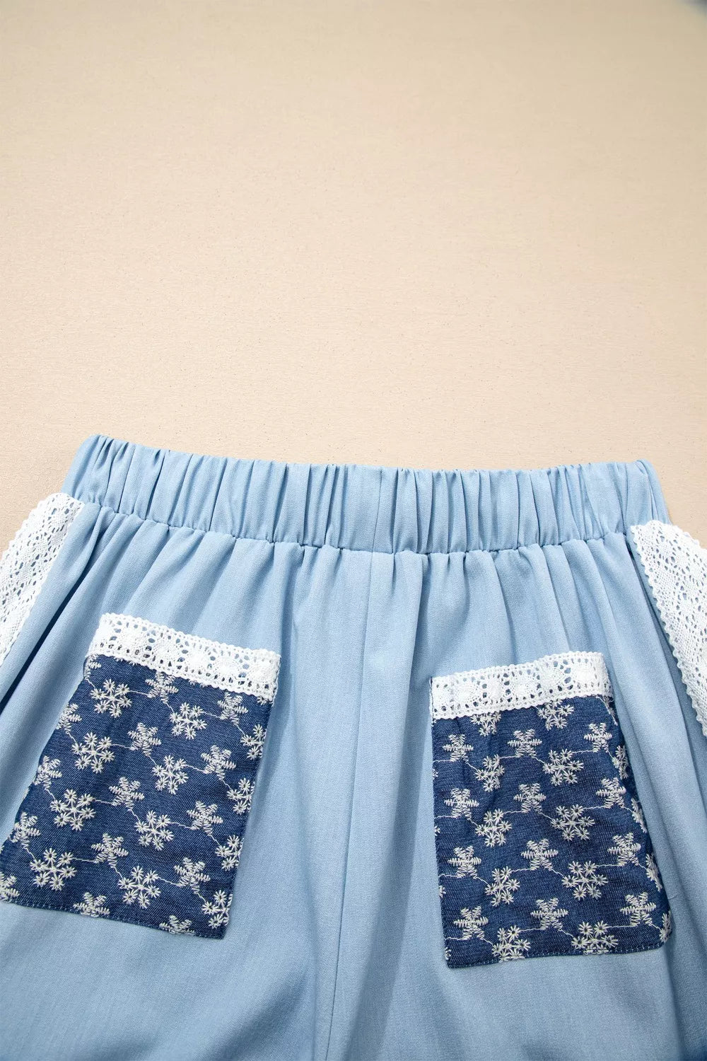 Lace Accent Floral Patched Pocket Pleated Wide Leg Slouchy Pants