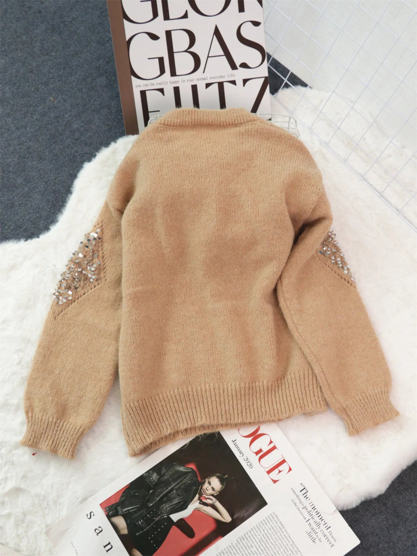 Sequined Diamond Pattern Oversized Sweater