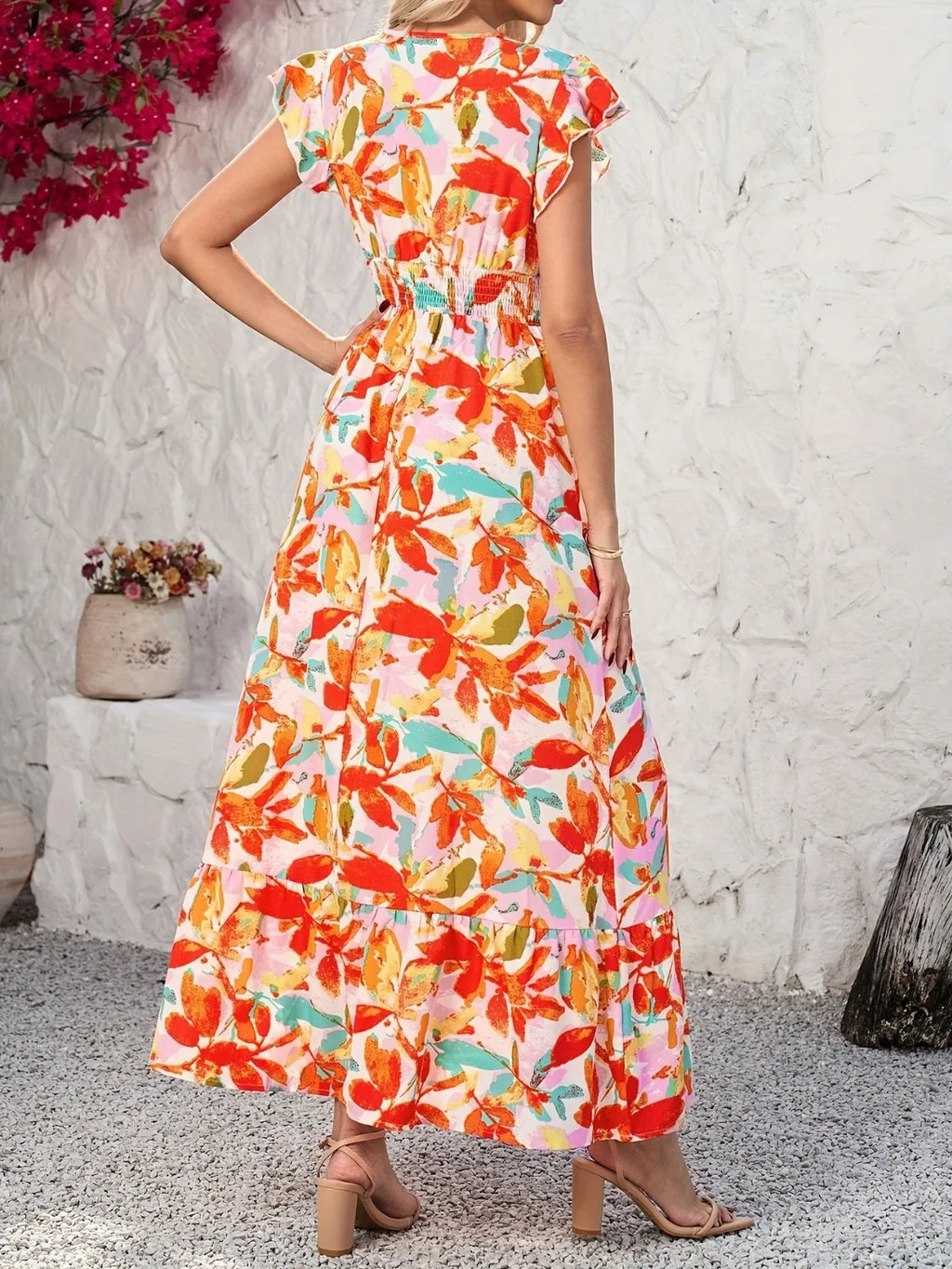 Ruffled V-Neck Cap Sleeve Dress