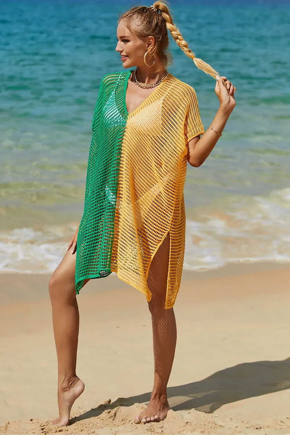Angel Wings Openwork Contrast Slit Knit Cover Up