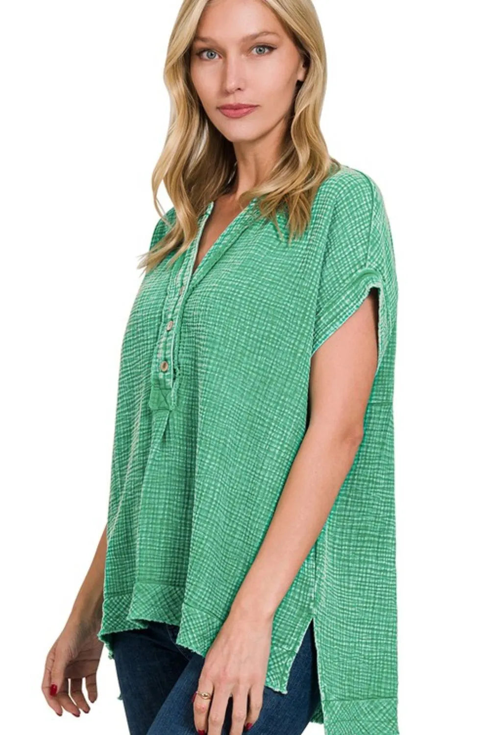 Zenana Washed Double Gauze 3/4 Button Henley Neck Shirt