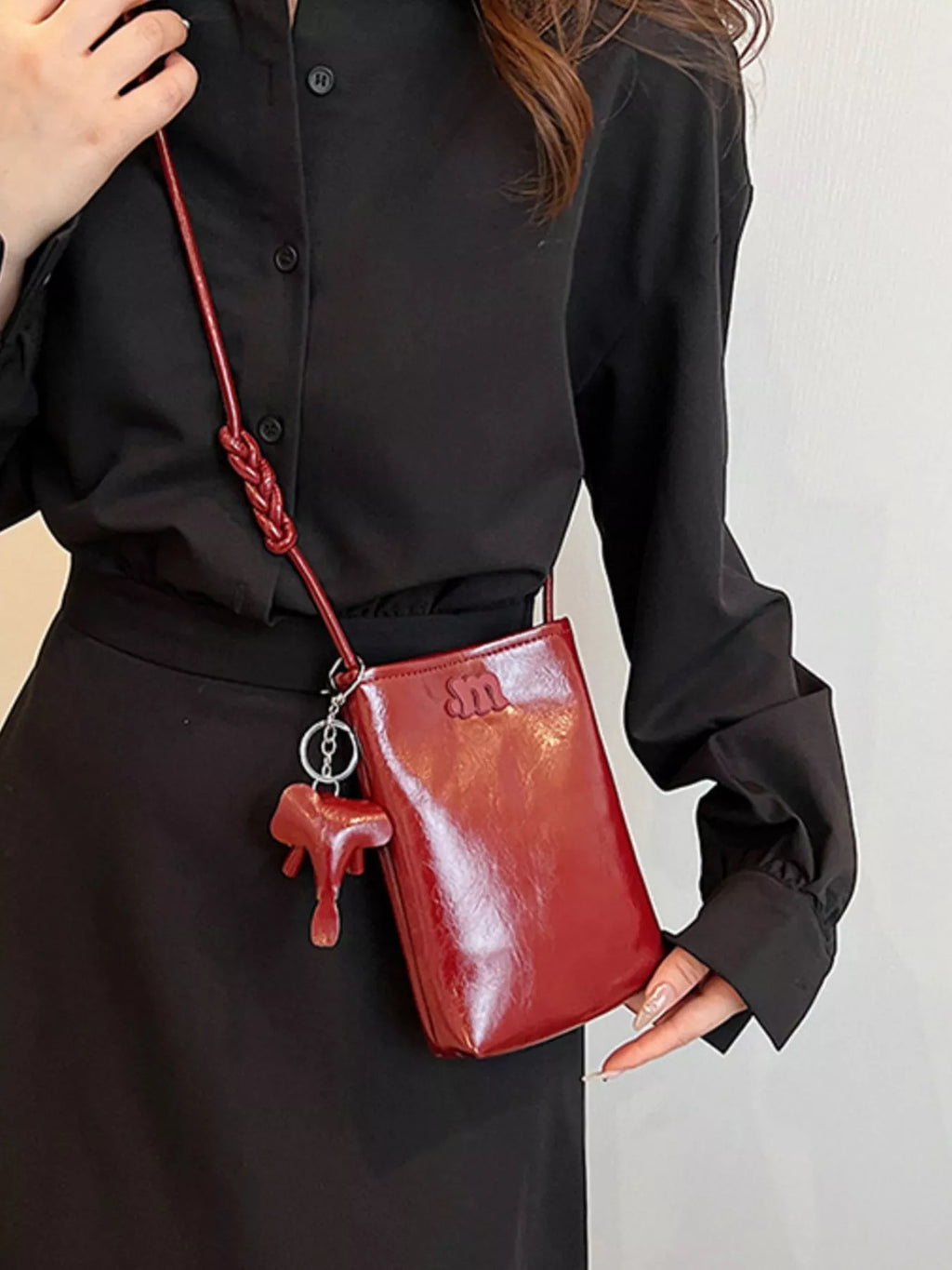Minimalist PU Leather Crossbody Bag with Elephant Charm