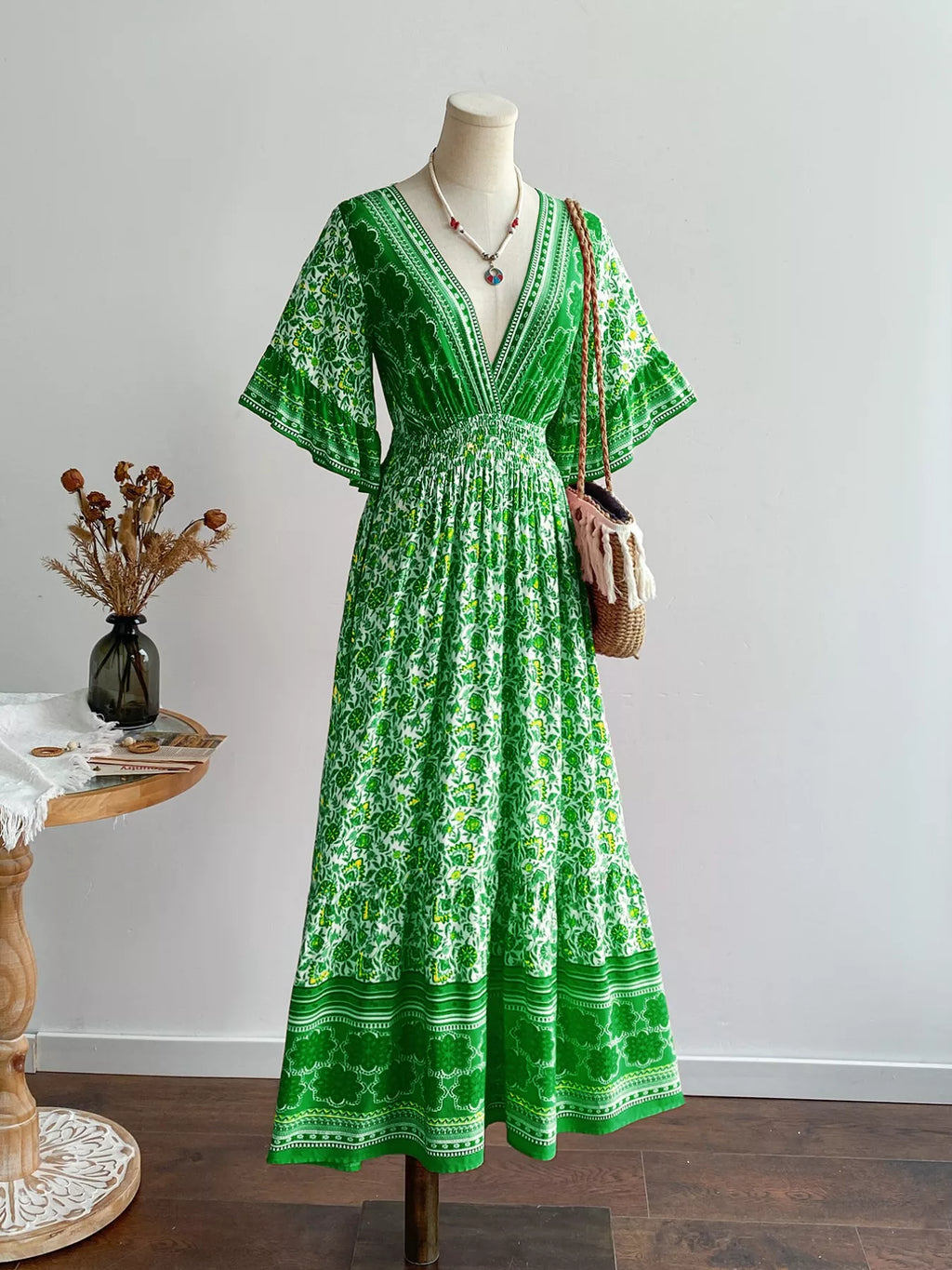 Floral Deep V-Neck Flutter Sleeves Dress
