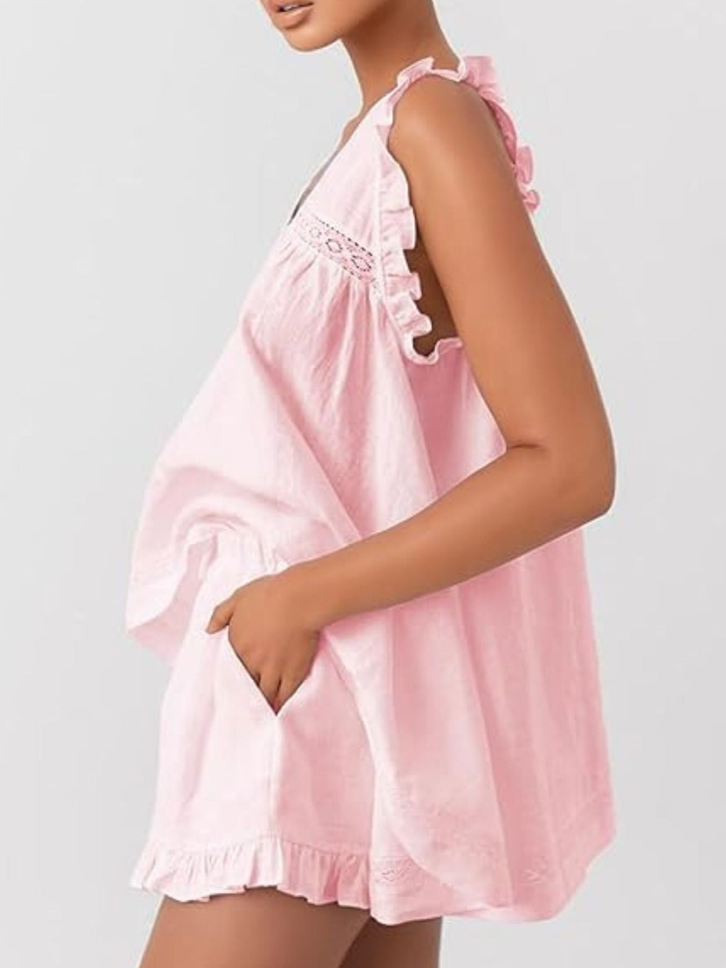 Ruffle Trim V-Neck Top and Shorts Set