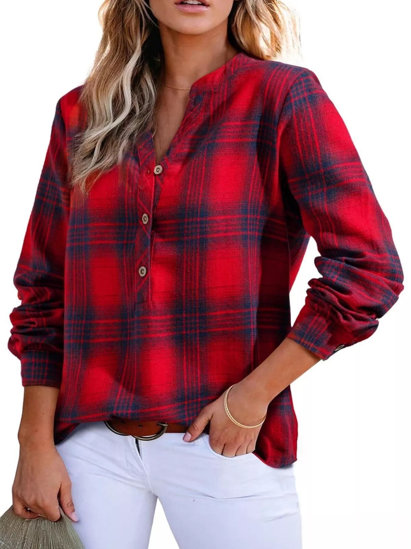 Plaid Half Button Long Sleeve Blouse