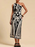 One-Shoulder Tropical Print Midi Dress