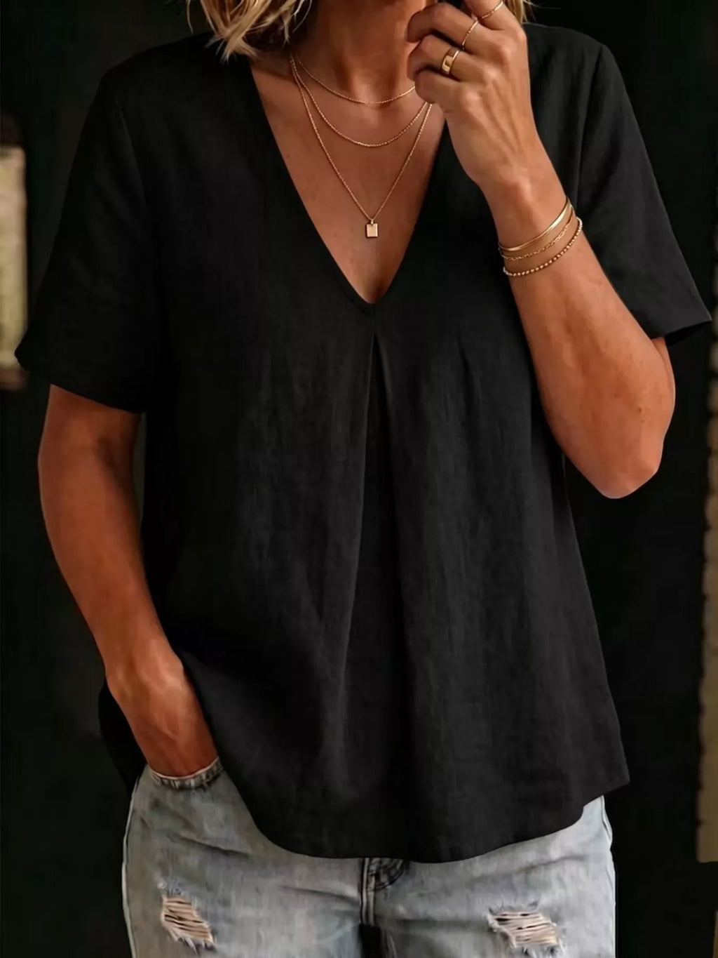 Full Size V-Neck Pleated Short Sleeve Blouse Plus Size
