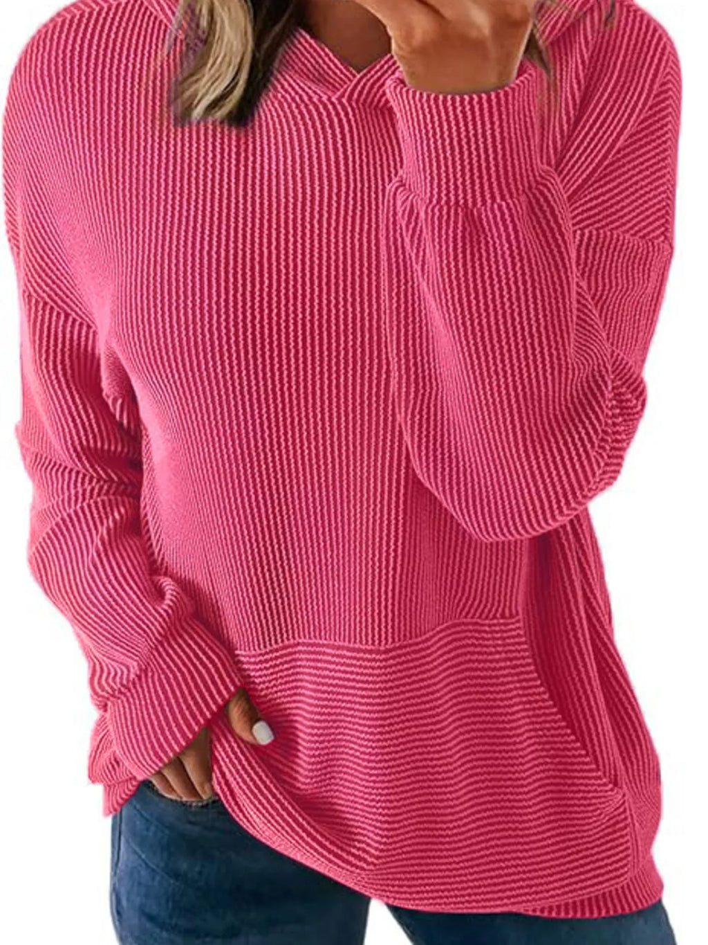 Ribbed Oversized Hoodie Sweatshirt with Pocket
