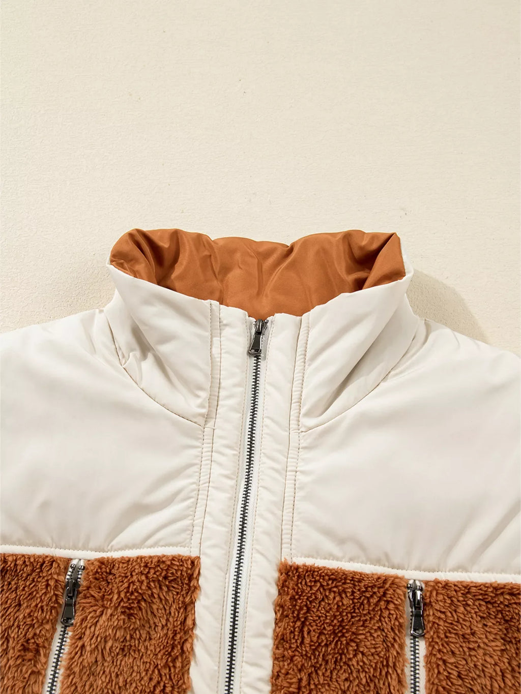 Color Block Plush Patchwork Zipper Stand Neck Vest Coat