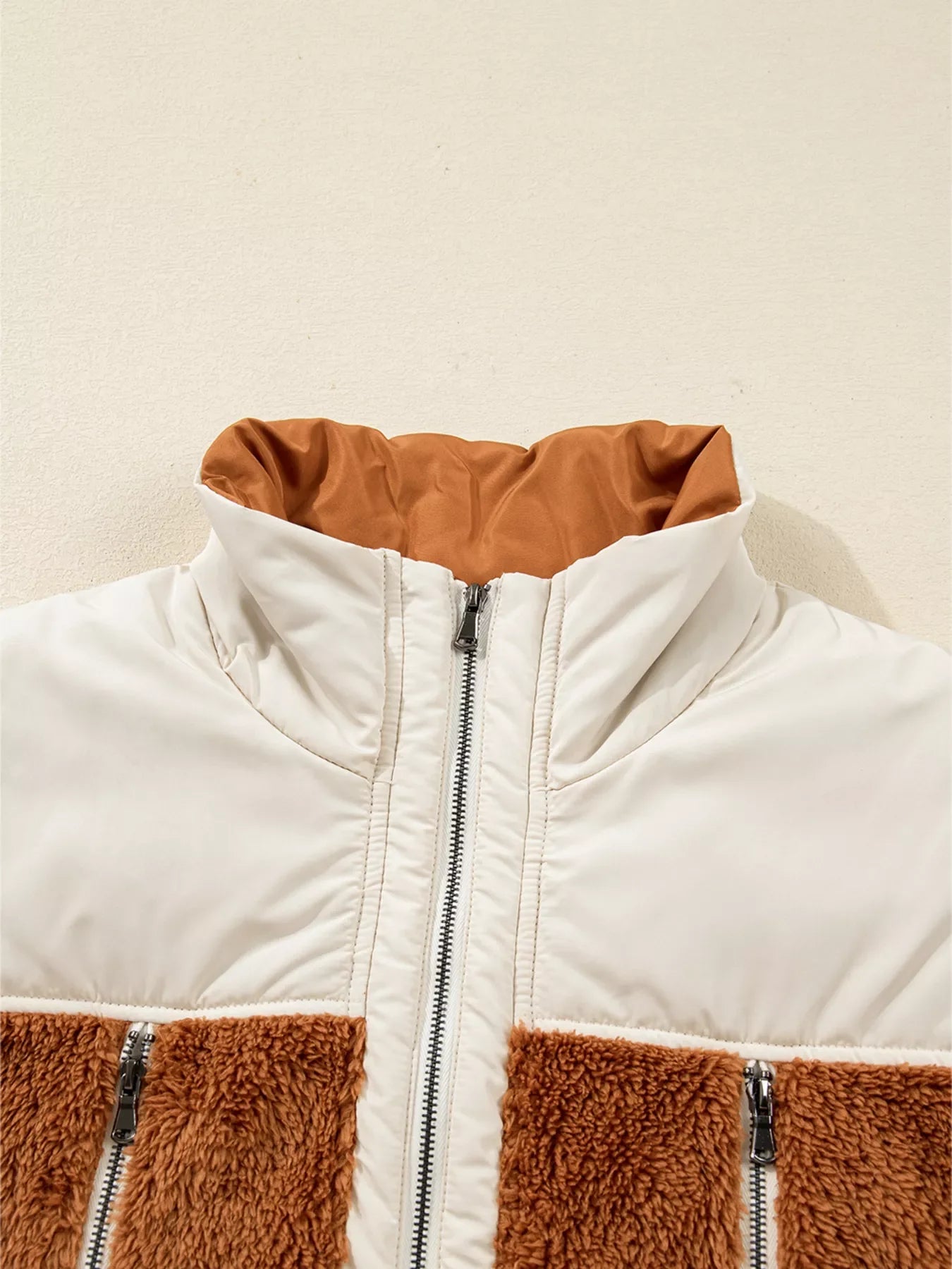 Color Block Plush Patchwork Zipper Stand Neck Vest Coat