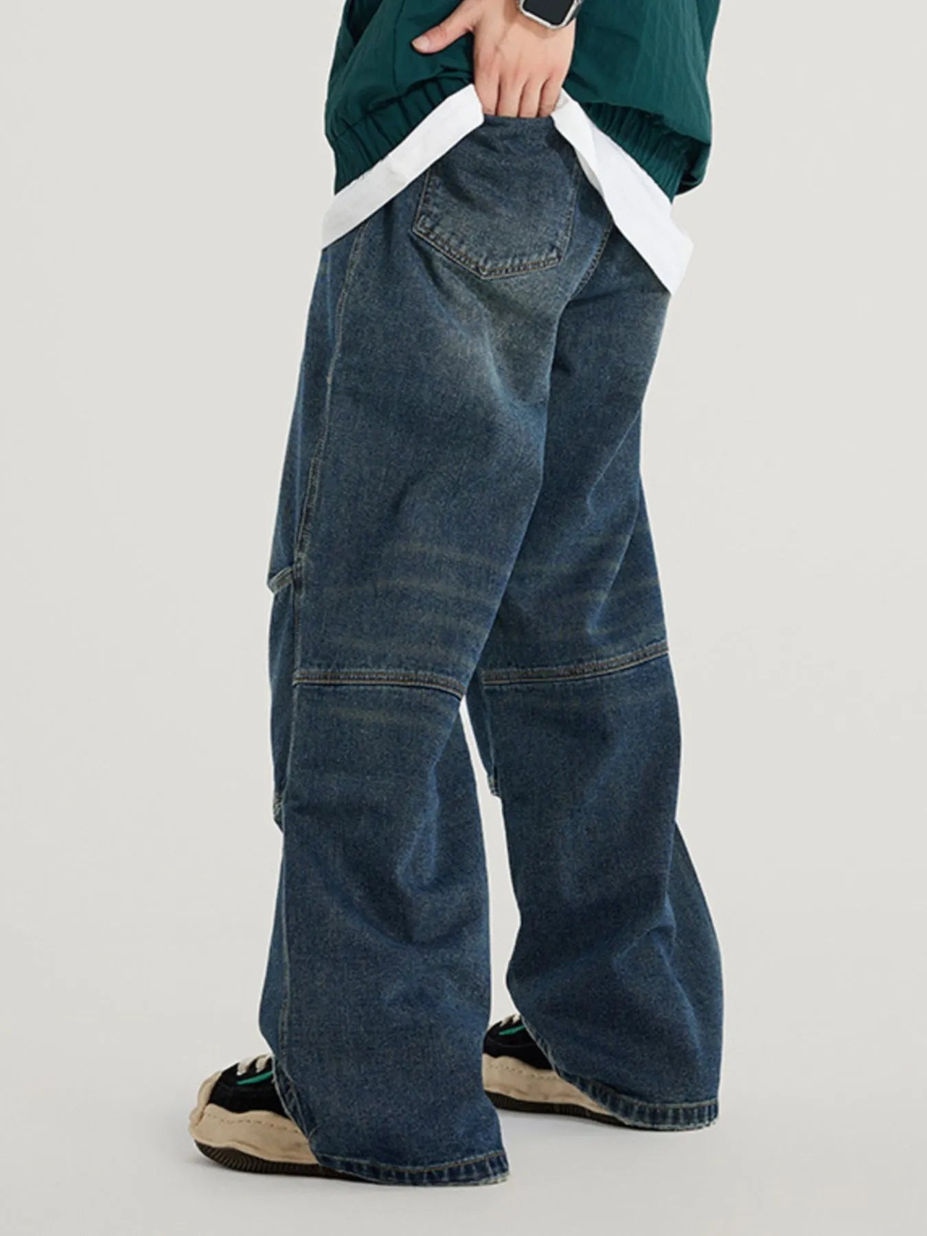 Men's Vintage Wide Leg Utility Jeans with Multi-Panel Design