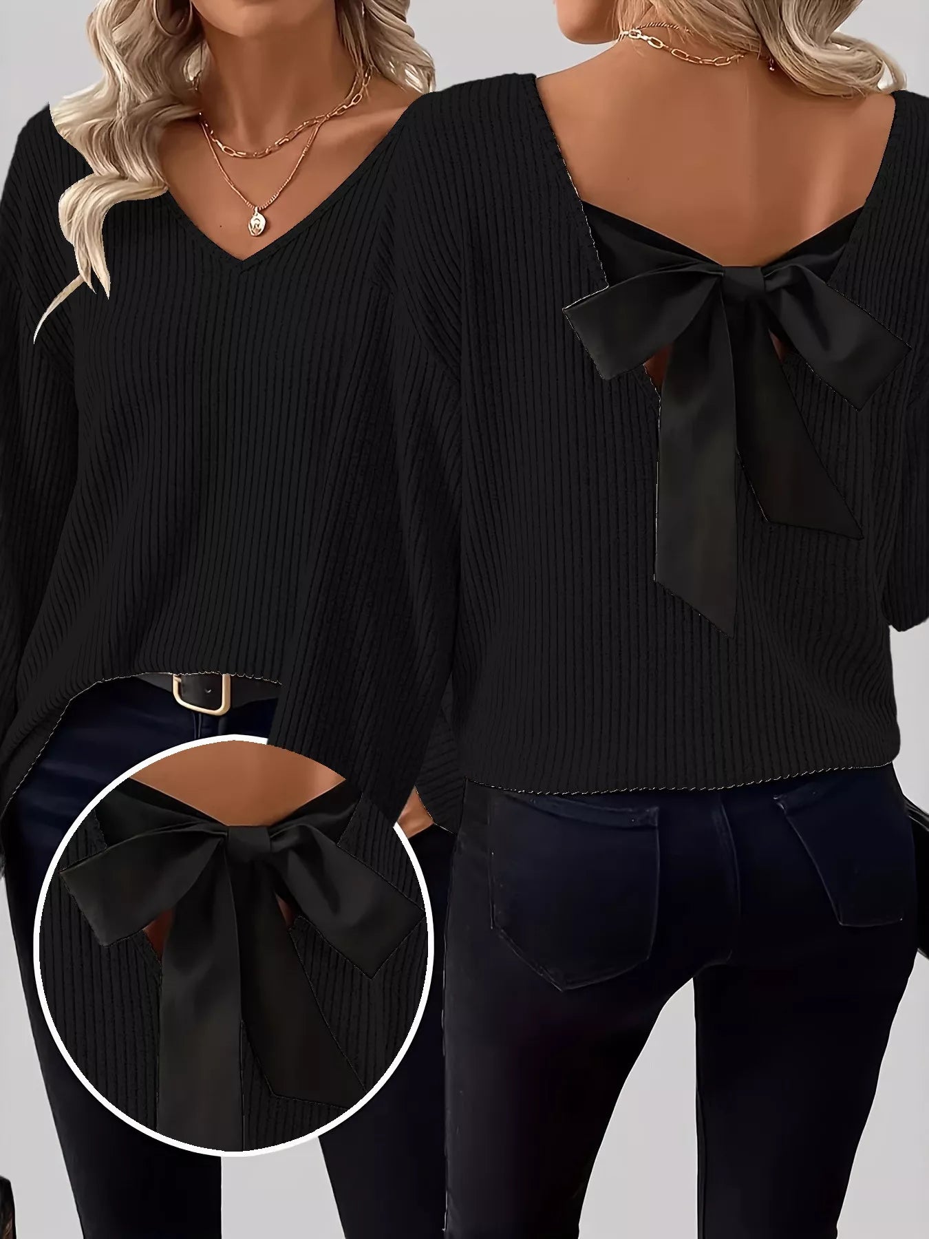 Full Size Ribbed Knit Backless Bow T-Shirt Plus Size