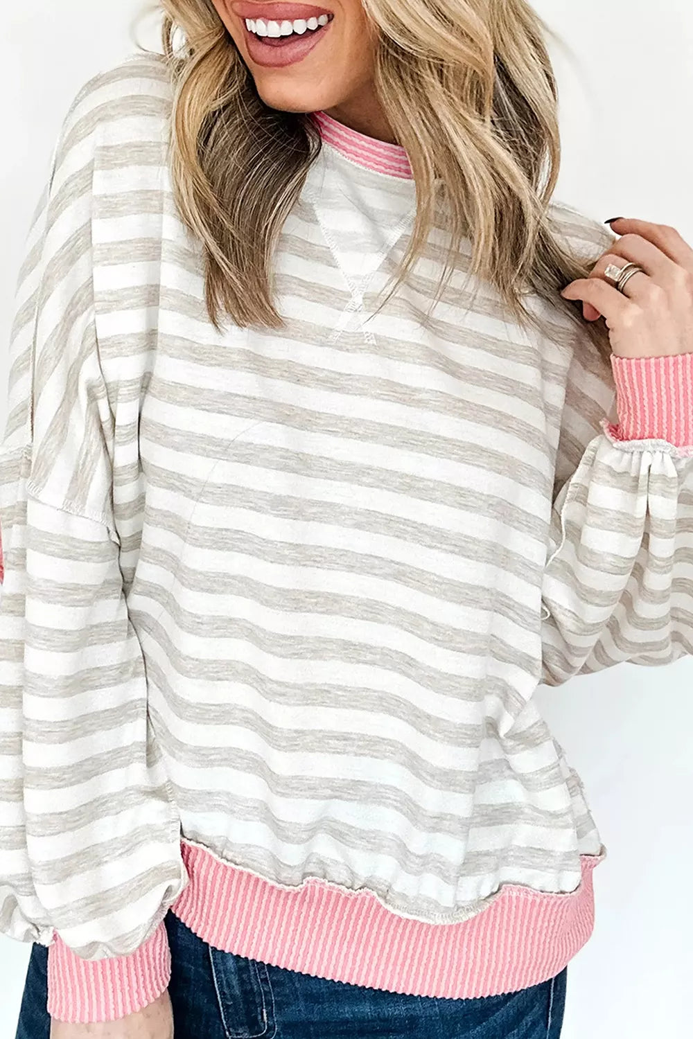 Twisted Rib Trim Striped Round Neck Loose Pullover Sweatshirt