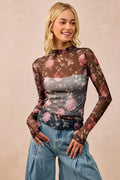 BiBi Flower Printed Mesh Lace Top with Thumb Opening