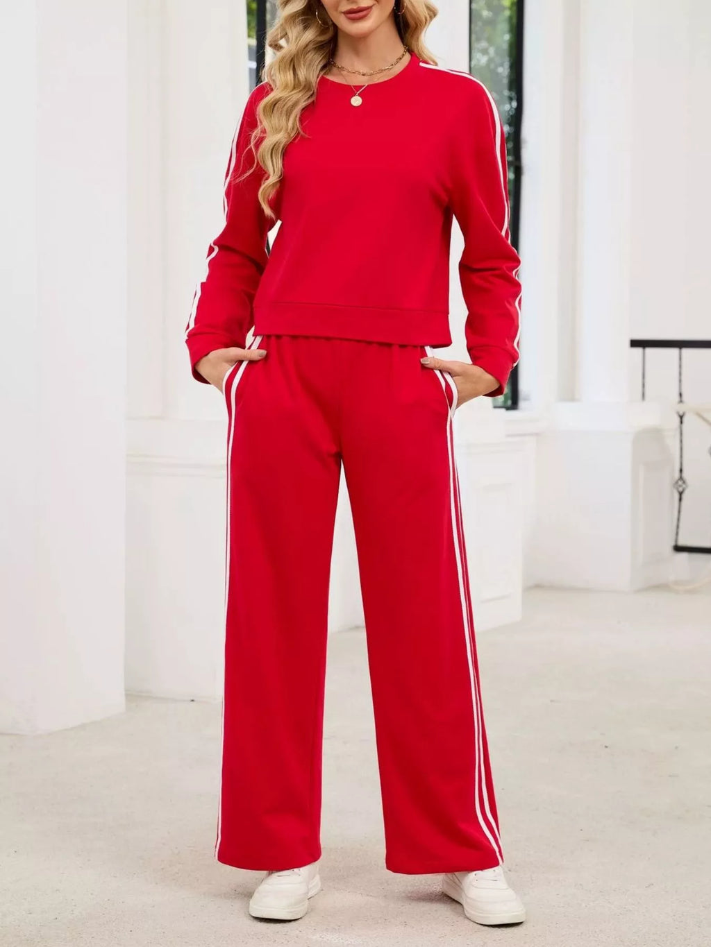 Striped Round Neck Sweatshirt and Pants Set