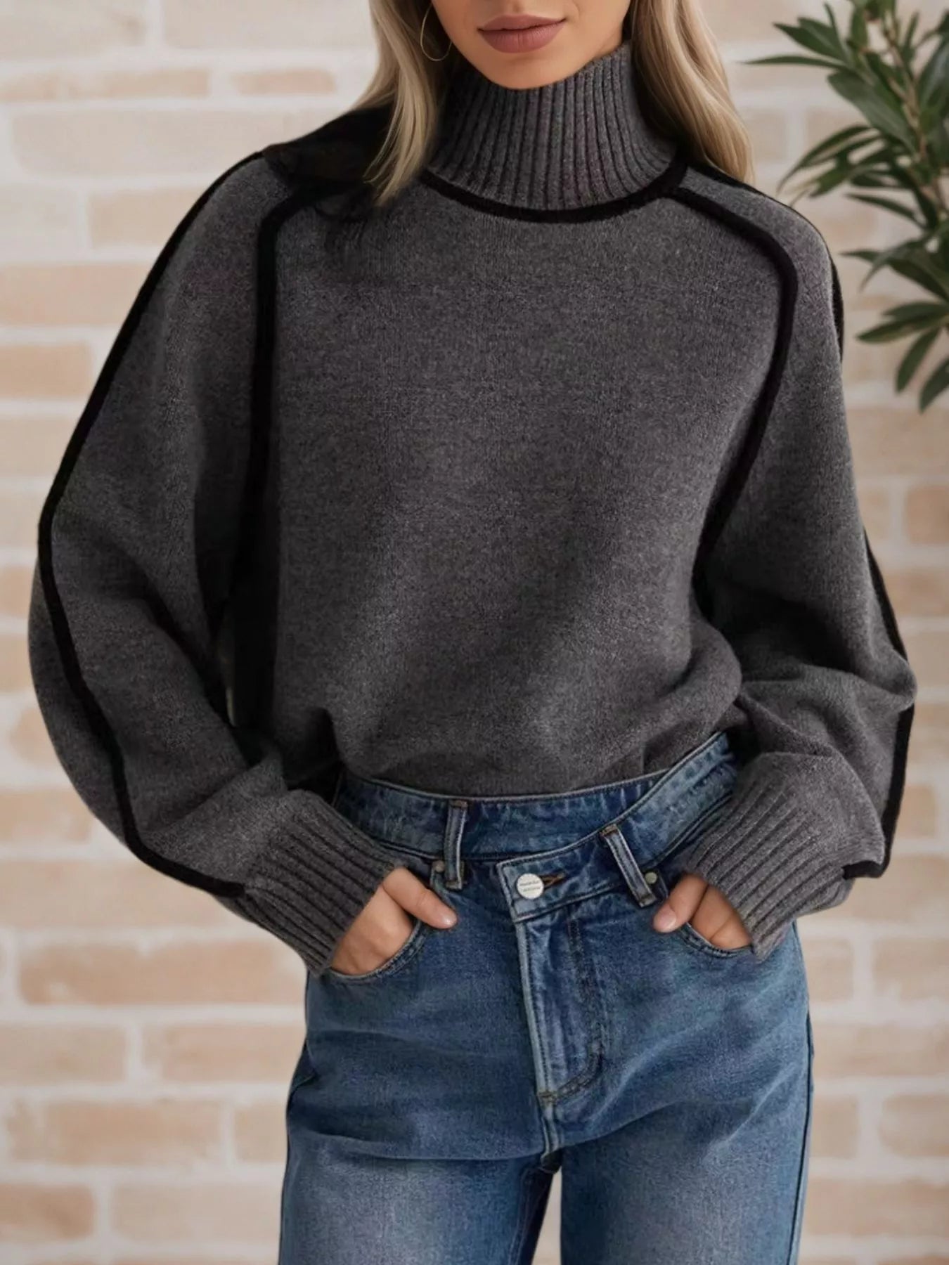 Contrast Trim Turtleneck Sweater