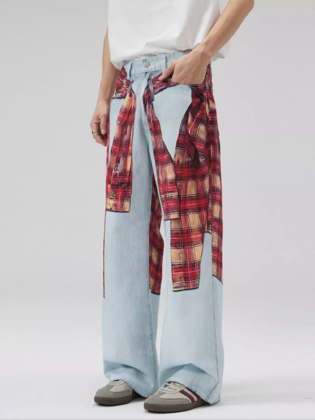 Men's Full Size Plaid Patchwork Wide Leg Jeans Plus Size