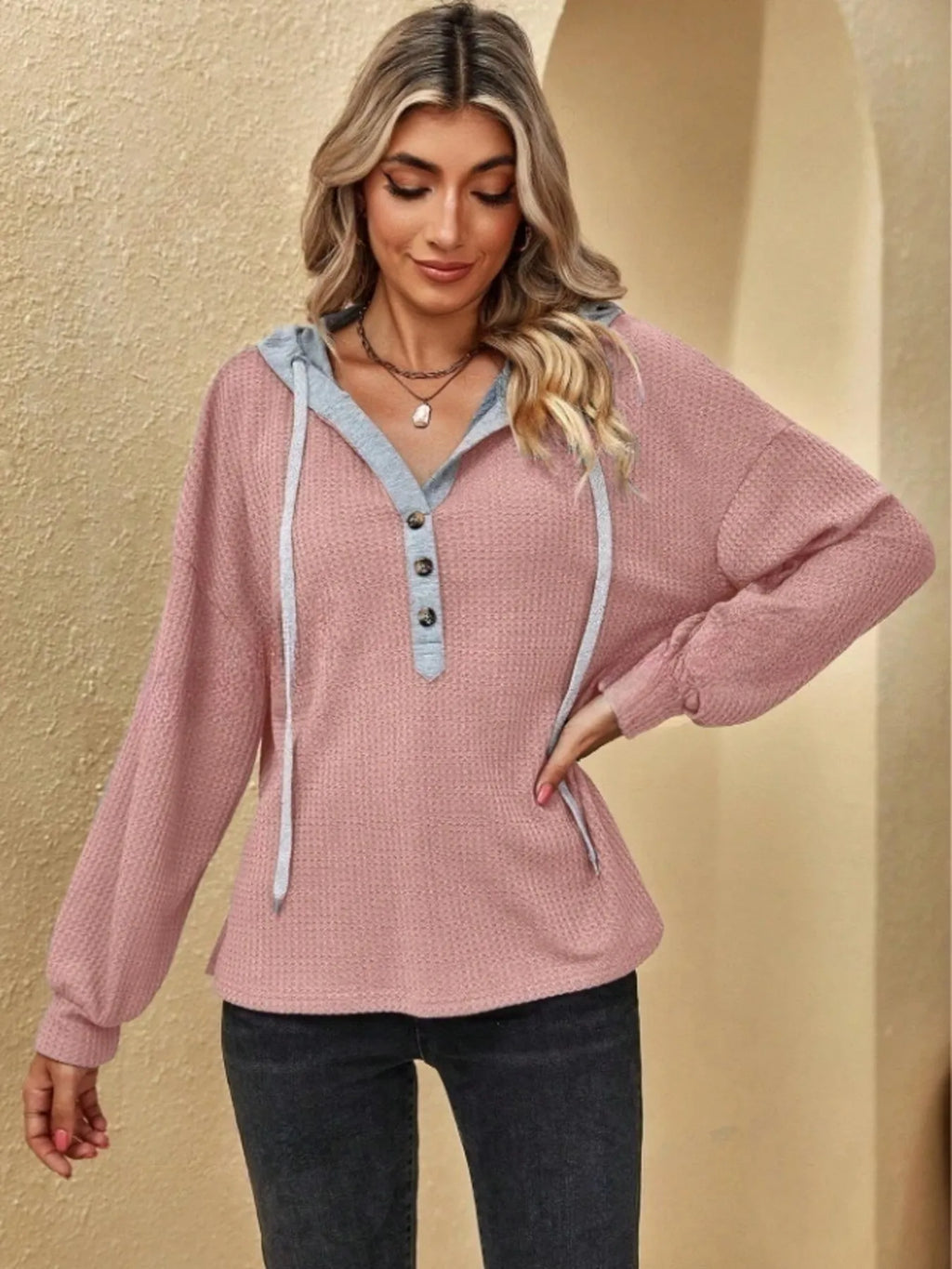Drawstring Waffle Knit Hoodie