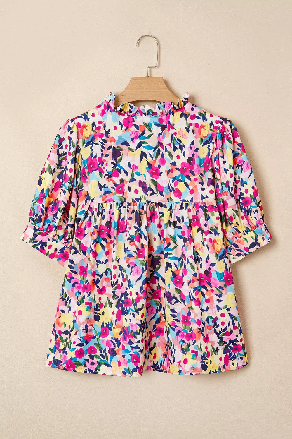 Flower Print Frilled Collar Short Puff Sleeve Summer Blouse