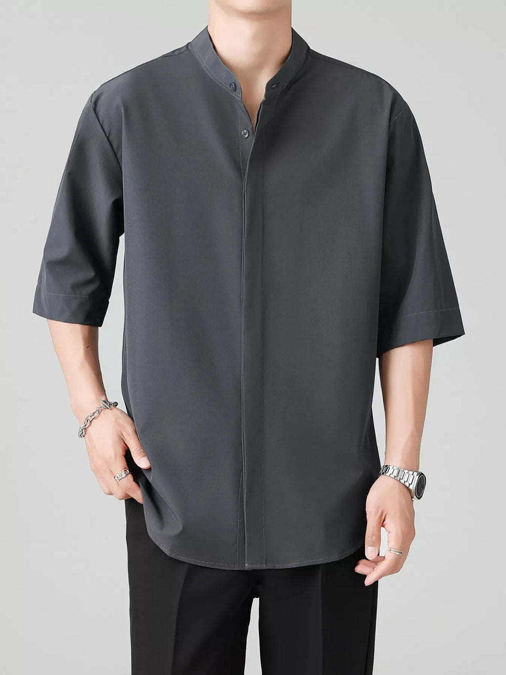 Men's Full Size Casual Mandarin Collar Half Sleeve Shirt Plus Size