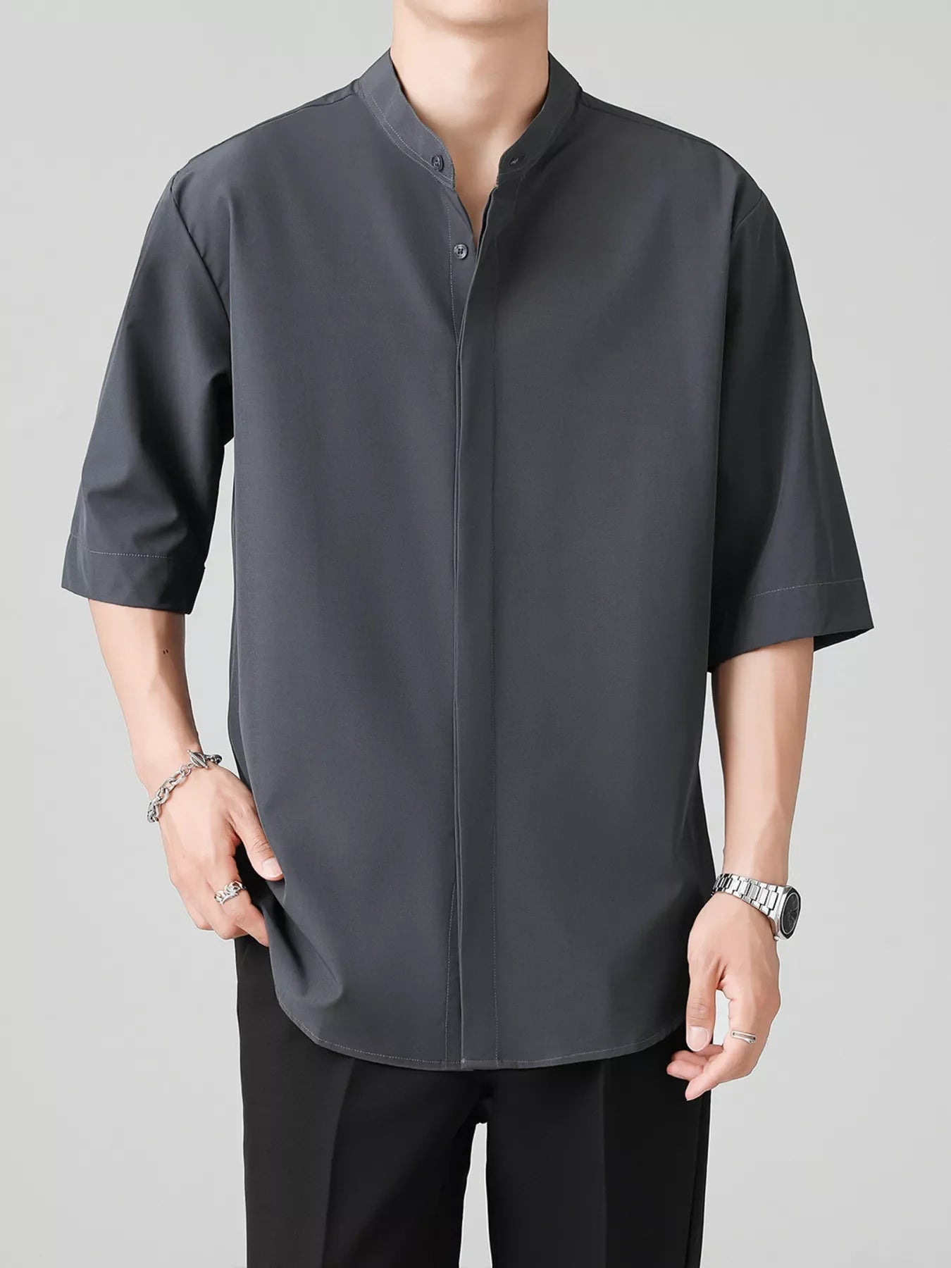 Men's Full Size Casual Mandarin Collar Half Sleeve Shirt Plus Size