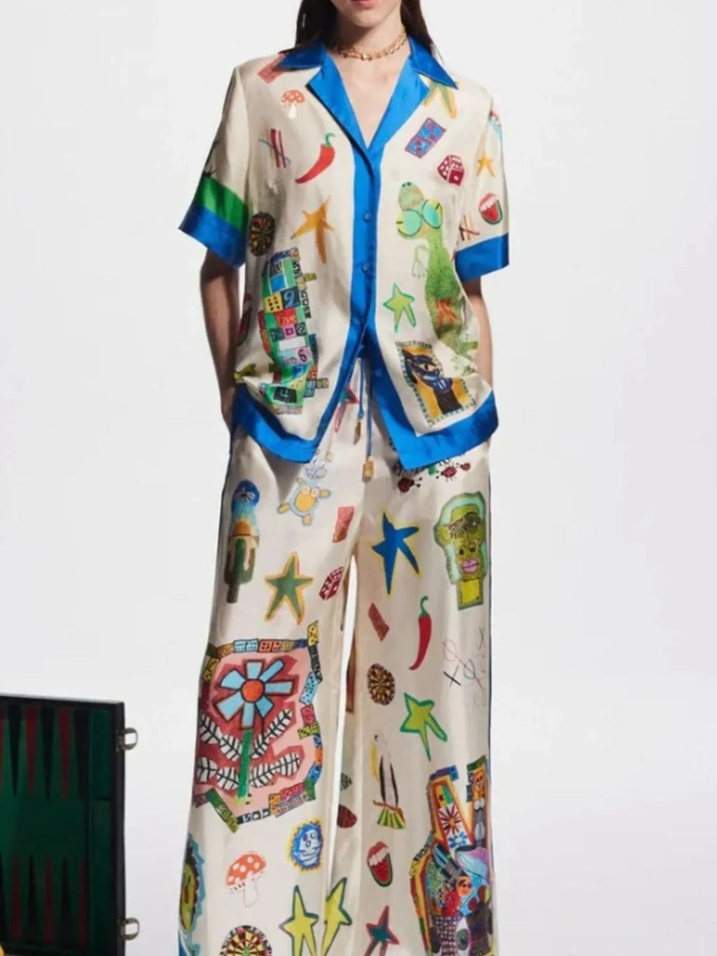 Printed Button Up Shirt and Pants Set