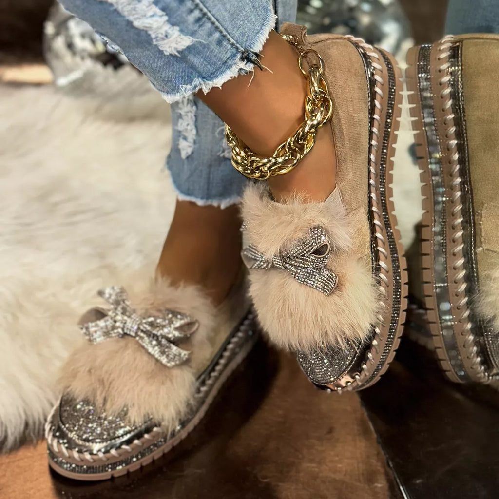 Fuzzy Bowknot Rhinestone Platform Loafers