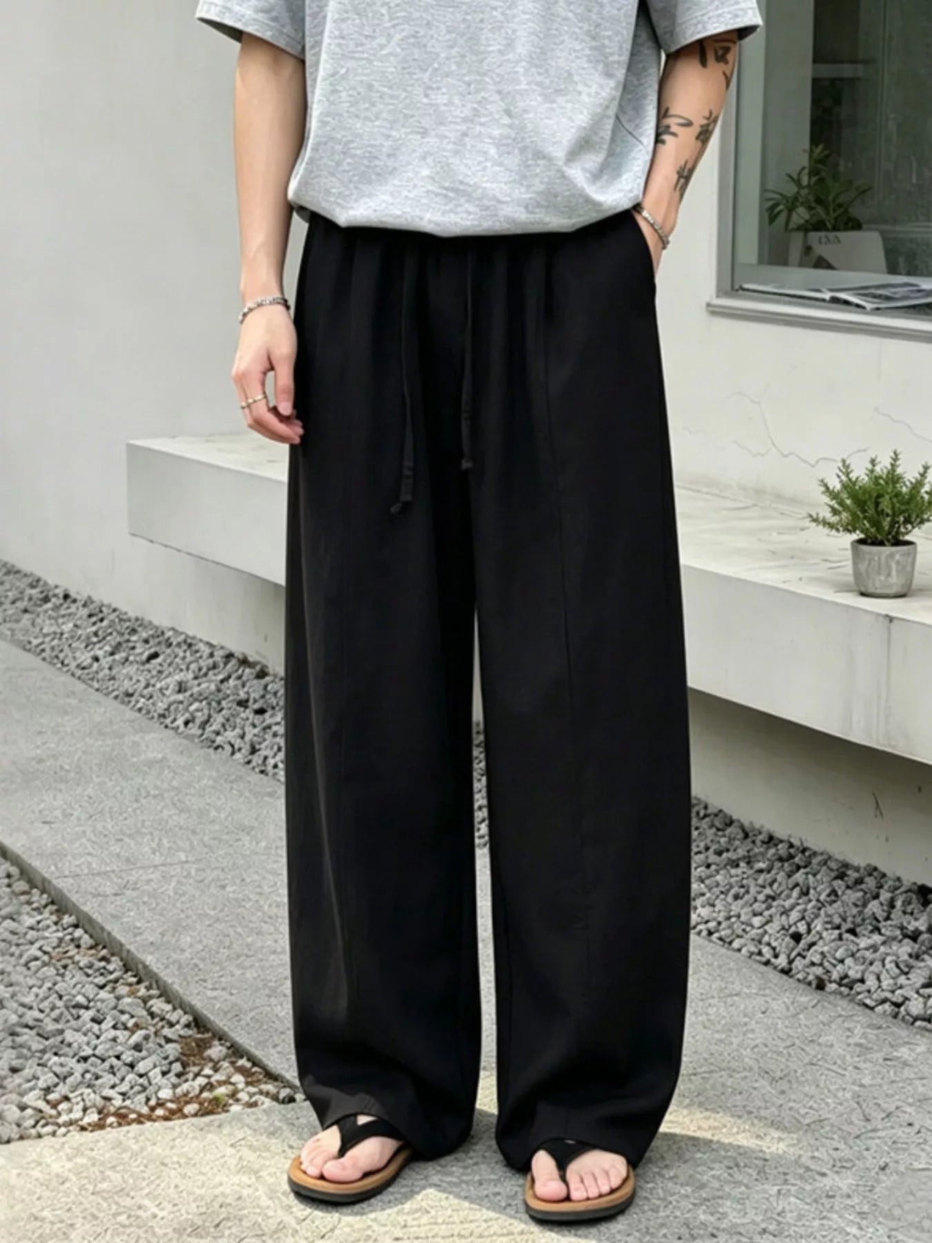 Men's Plus Size Wide Leg Pants with Drawstring Waist