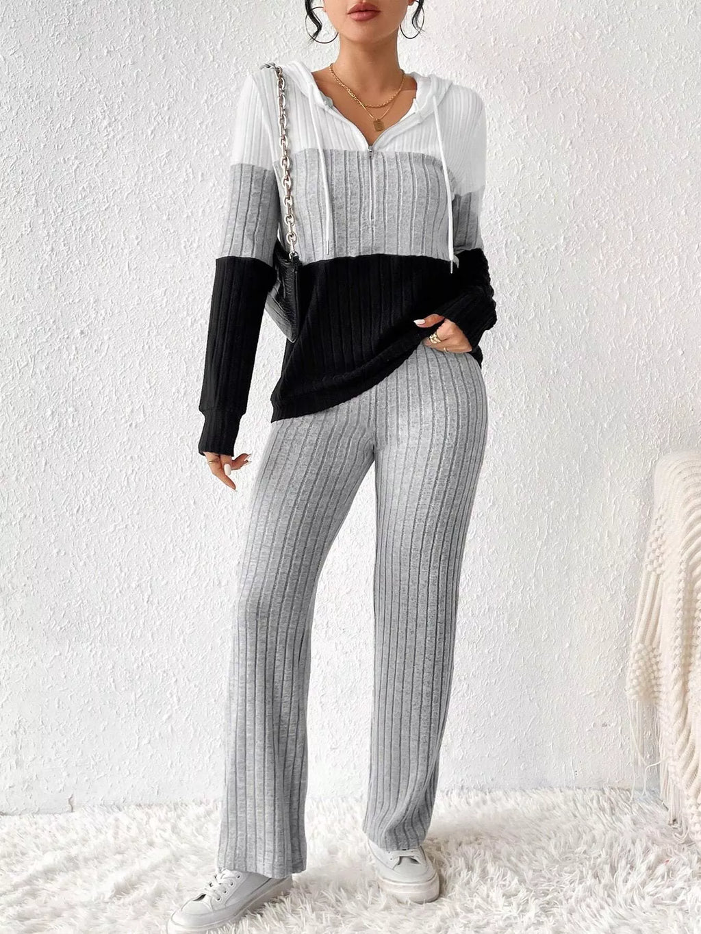 Color Block Half Zip Hooded Top and Pants Set