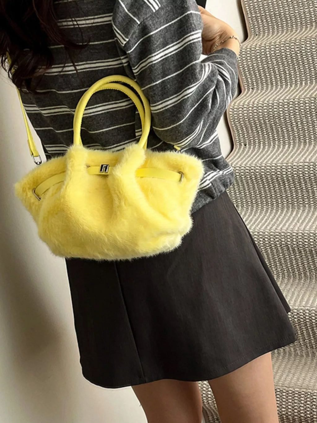 Fluffy Crossbody Bag with Buckle Detail