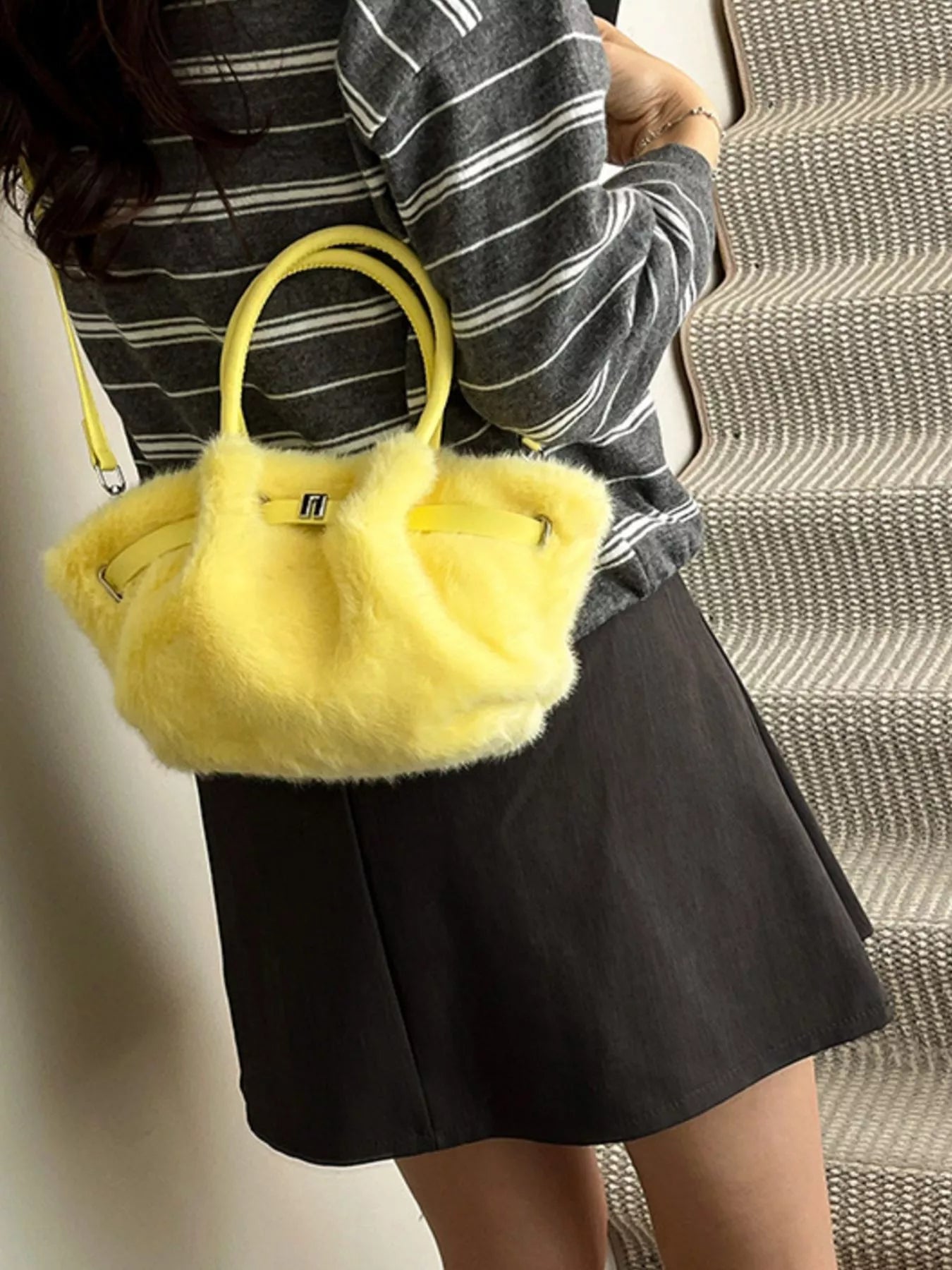 Fluffy Crossbody Bag with Buckle Detail