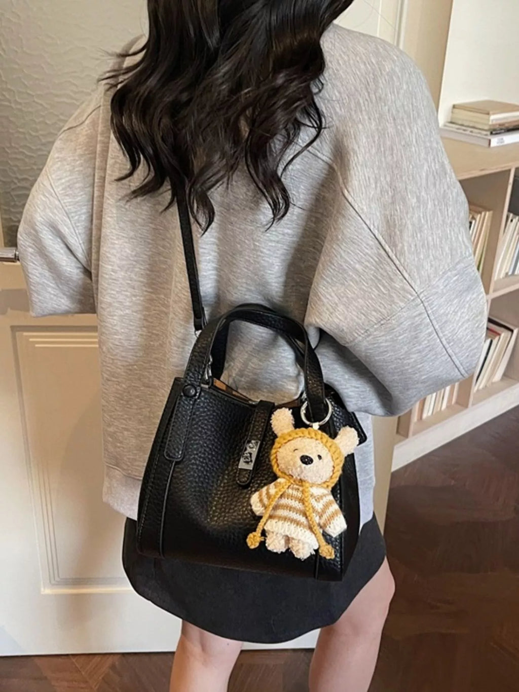 Bucket Crossbody Bag with Bear Charm