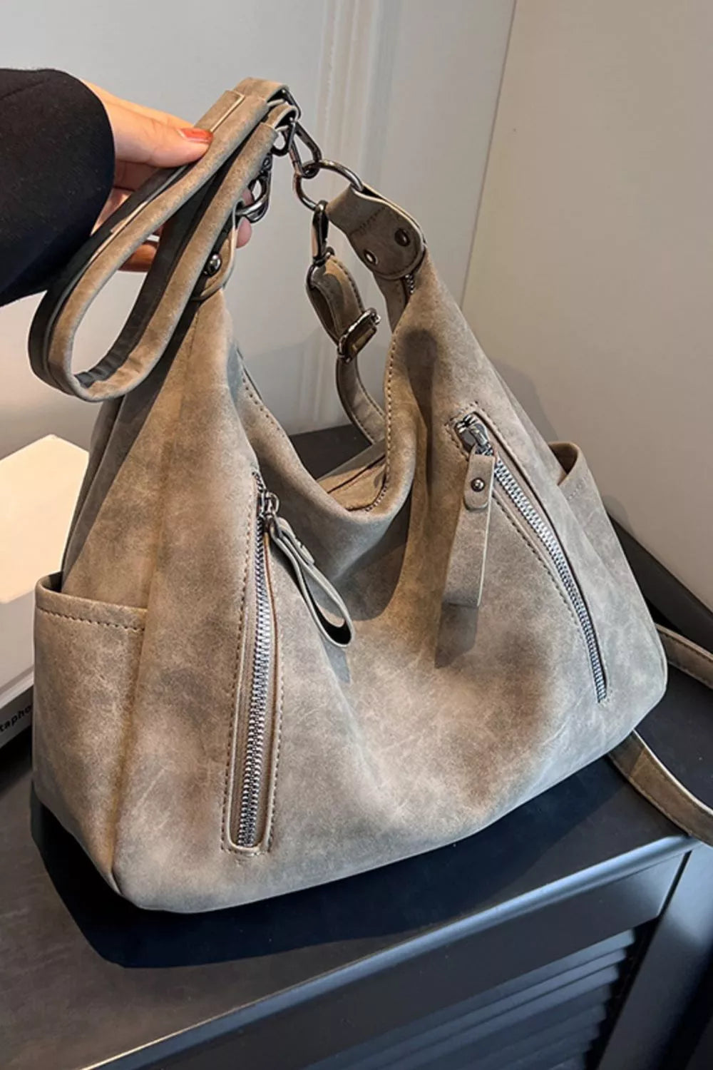 Zipper Details Adjustable Strap Crossbody Bag