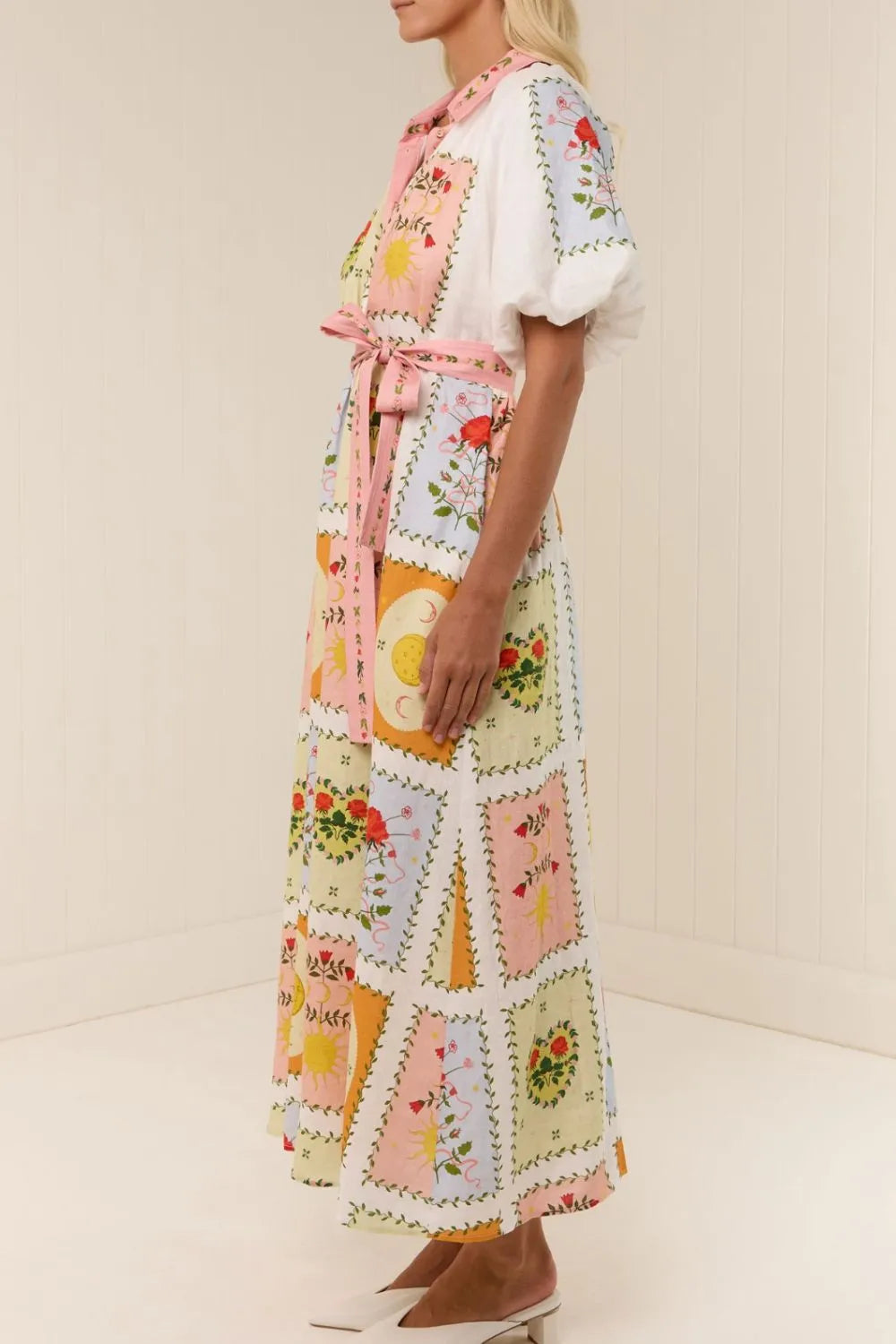 Printed Short Sleeve Belted Maxi Dress