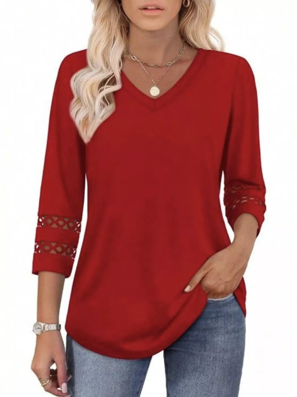 Full Size V-Neck 3/4 Sleeve T-Shirt Plus Size