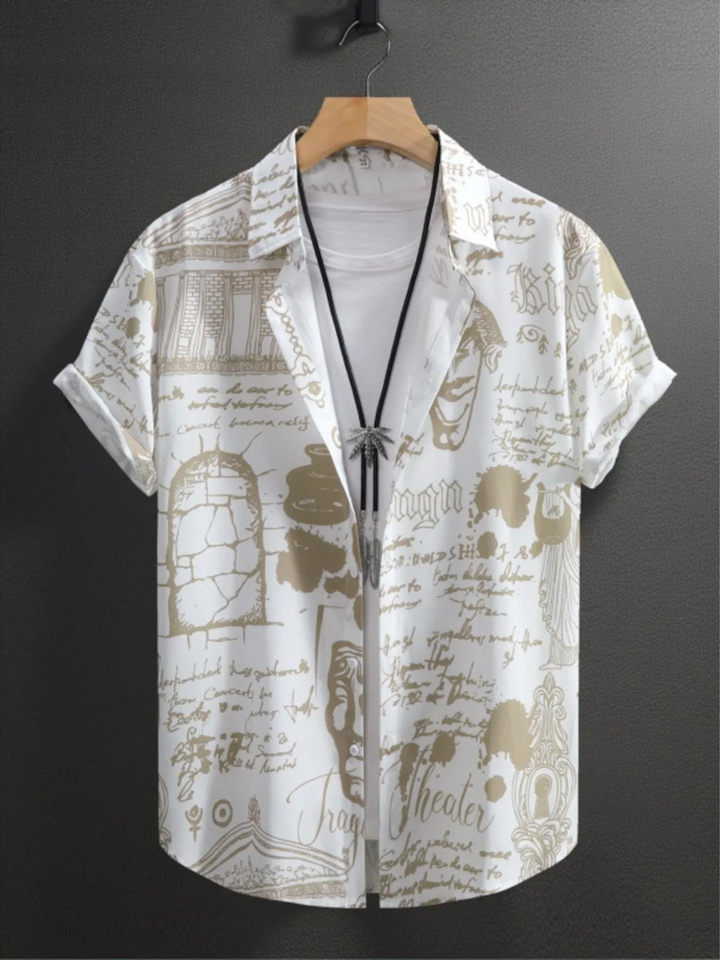 Men's Vintage Art Print Short Sleeve Button-Up Shirt