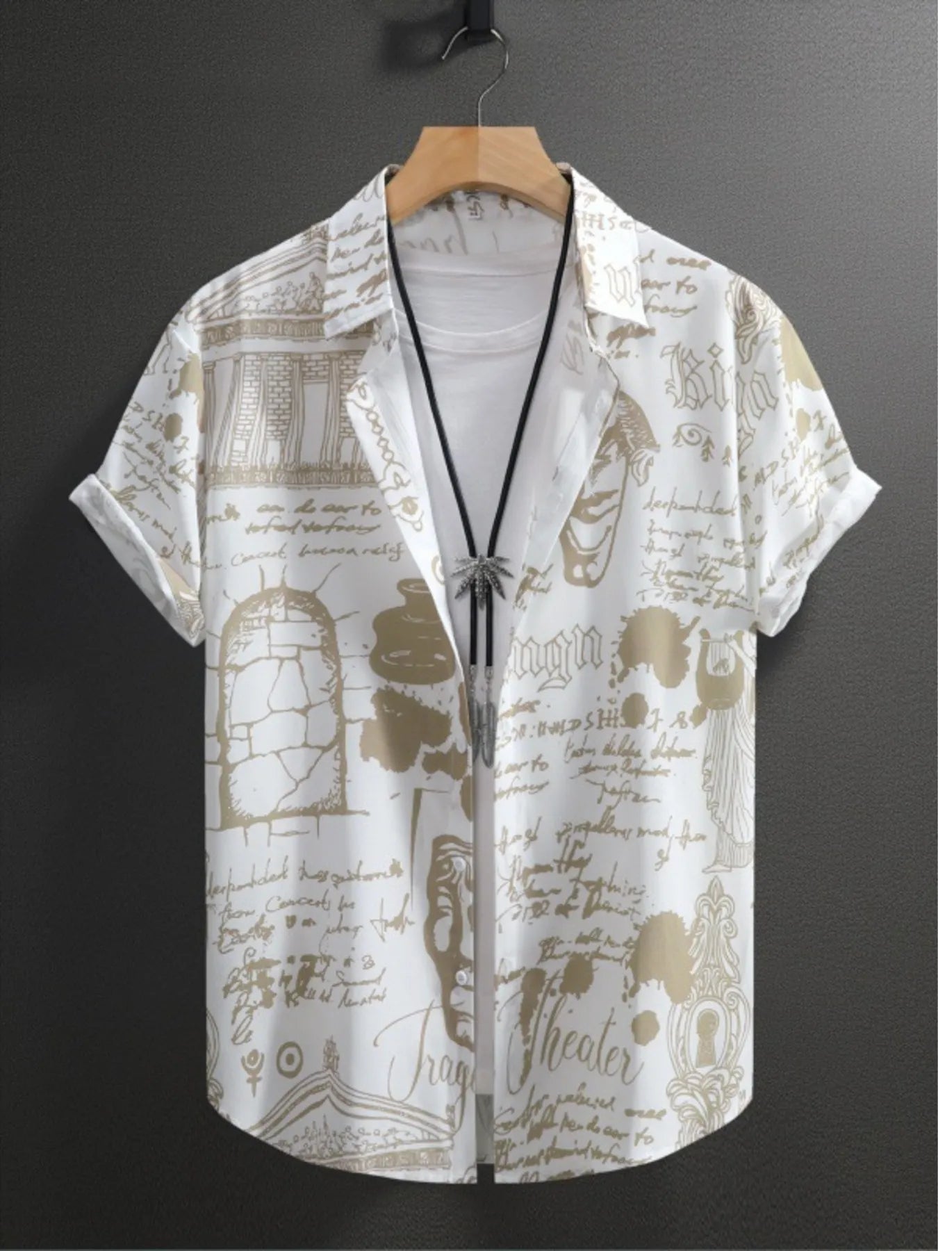 Men's Vintage Art Print Short Sleeve Button-Up Shirt