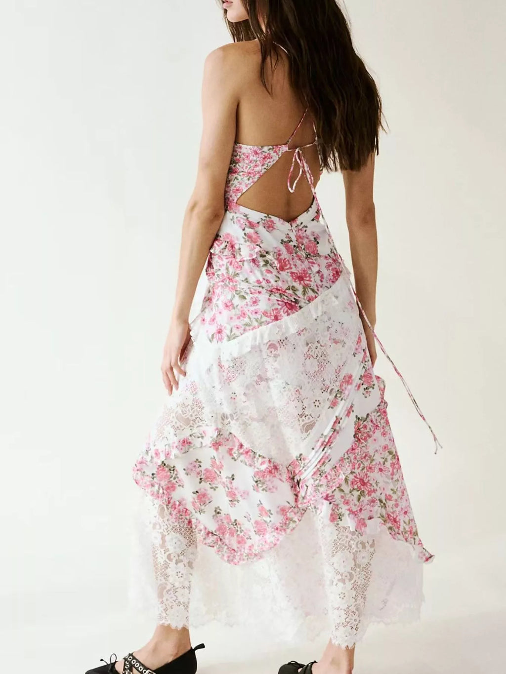 Lace Floral Print Ruffle Trim Maxi Dress