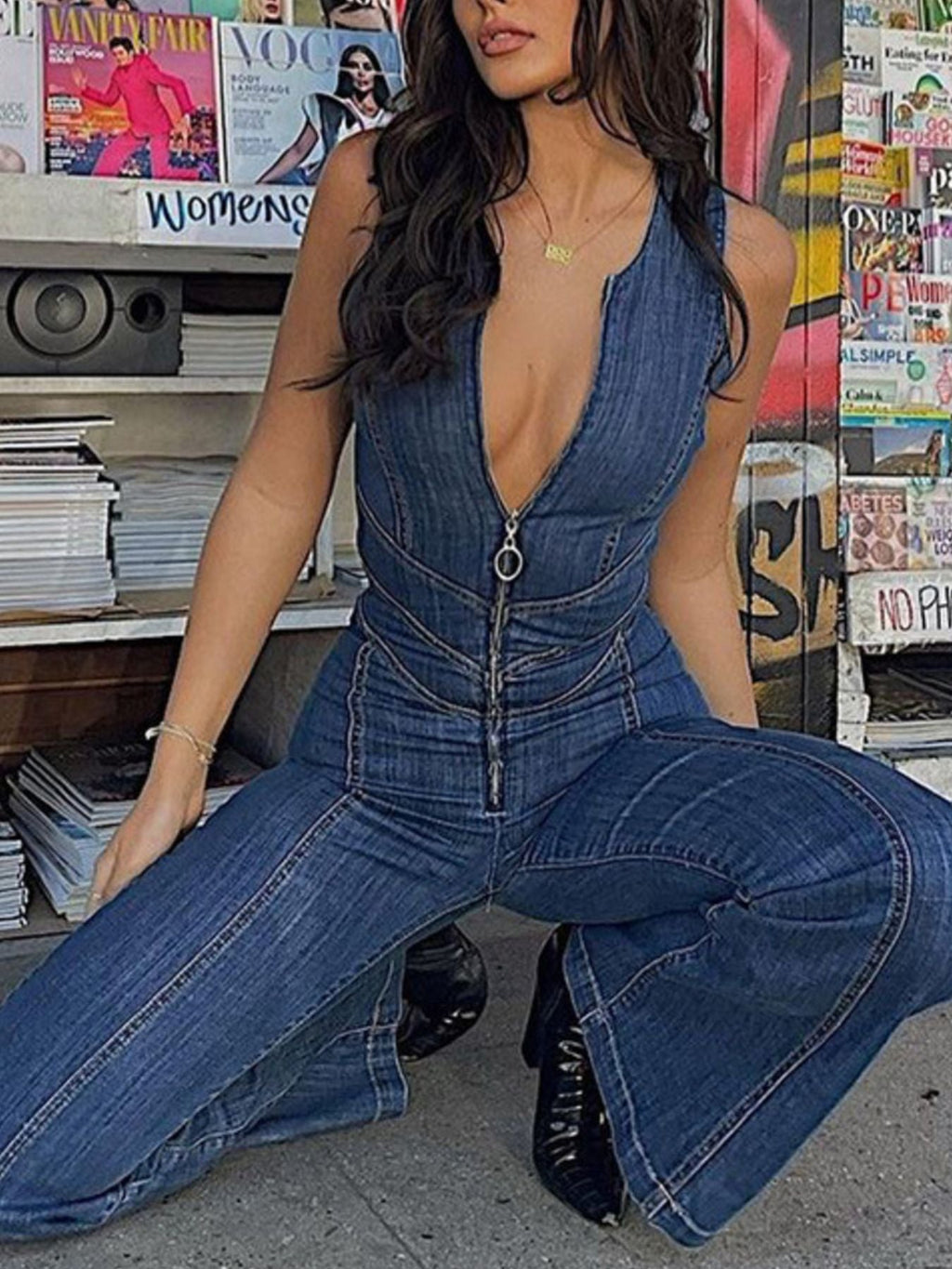 Zip Front Sleeveless Wide Leg Denim Jumpsuit