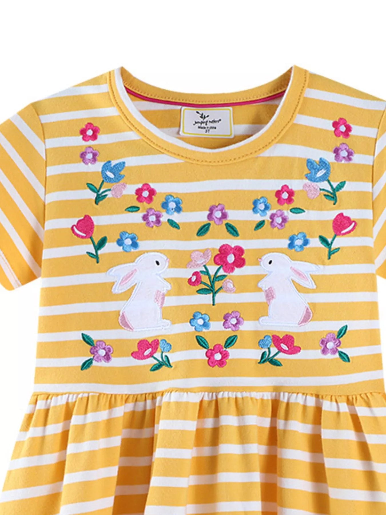 Children's Striped Bunny Embroidered Round Neck Dress