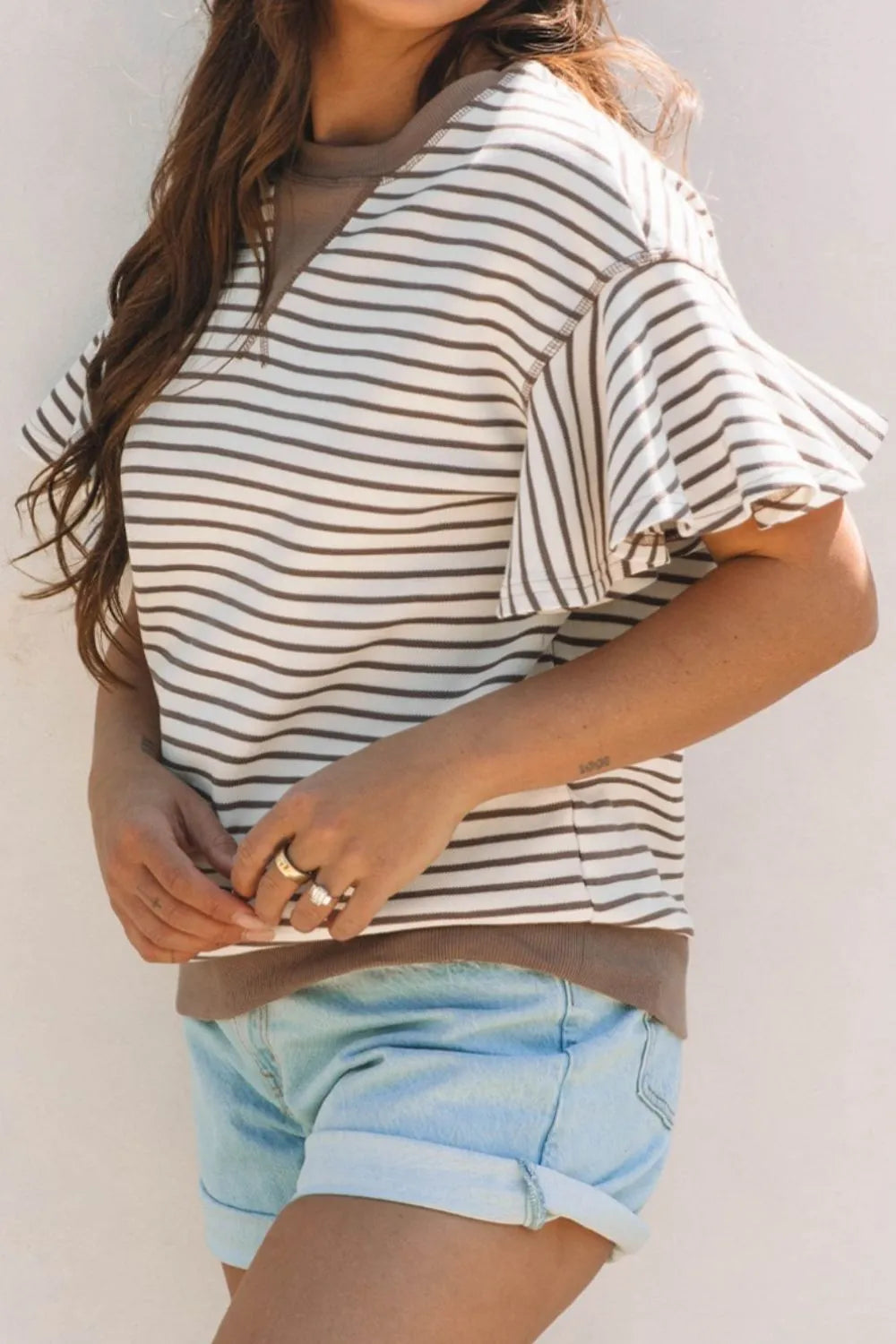 Contrast Striped Ruffle Short Sleeve Top