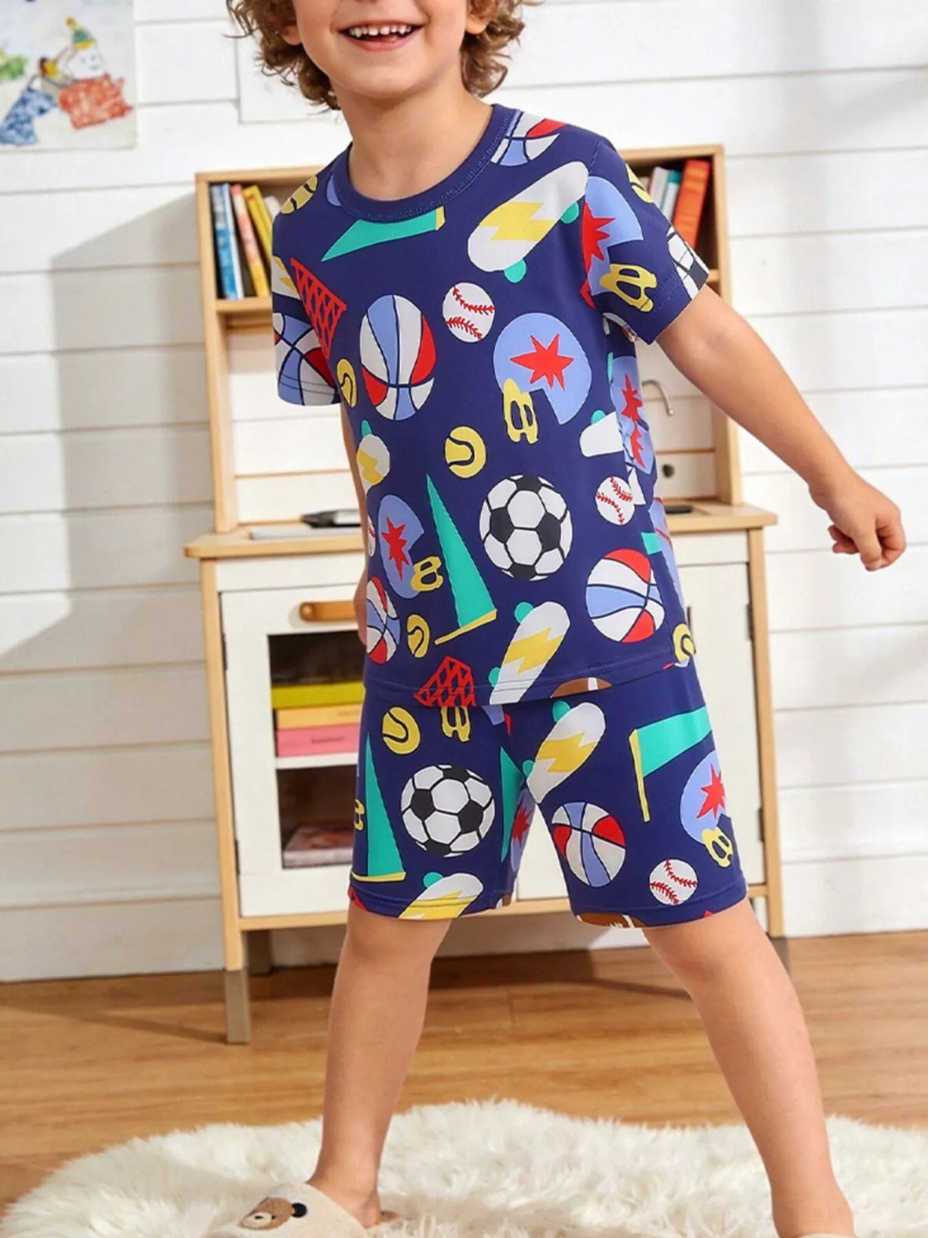 Children's Sporty Print Round Neck Tee and Shorts Set