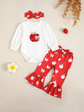 Children's Ribbed Apple Bodysuit & Flare Pants Set with Headband