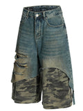 Men's Distressed Camo Patchwork Denim Shorts