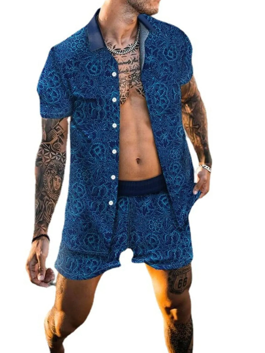 Men's Full Size Printed Collared Neck Short Sleeve Top and Shorts Set Plus Size