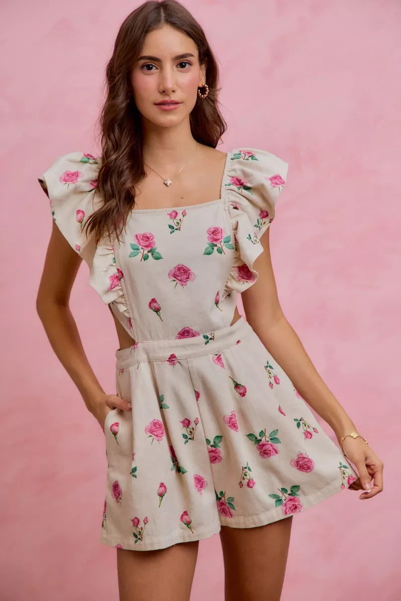 SO ME Floral Print Denim Cut Out Waist Ruffled Romper